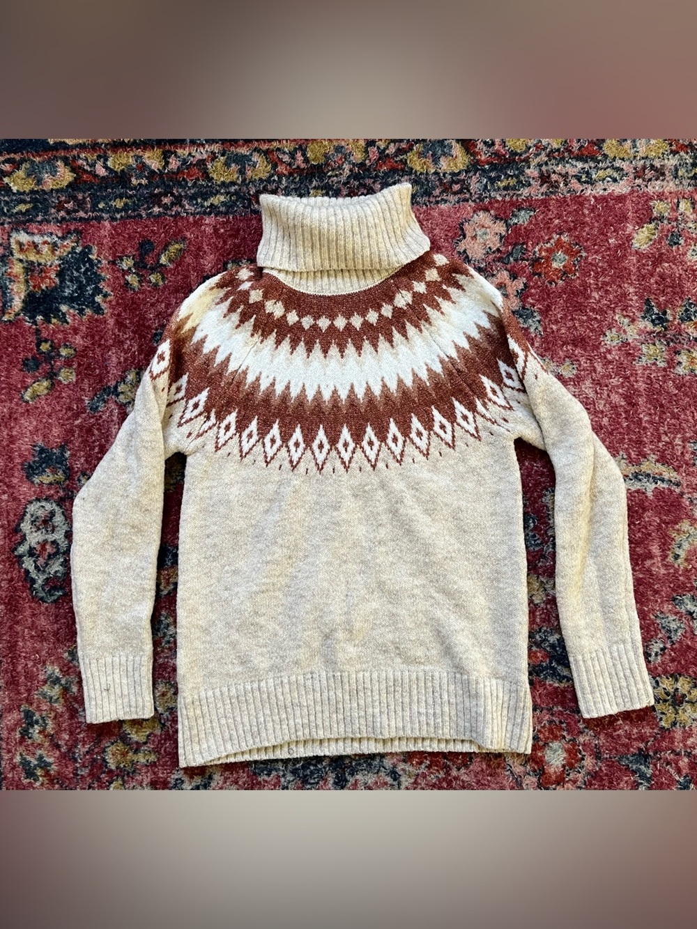 ASPEN Nordic Women’s Turtleneck Fair Isle Sweater - Cream & Brown size XS
